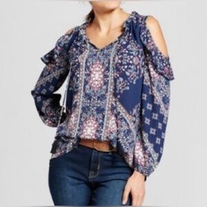 Knox Rose Cold Shoulder Floral Blouse Size Small High-Low Ruffle Navy Blue Tie